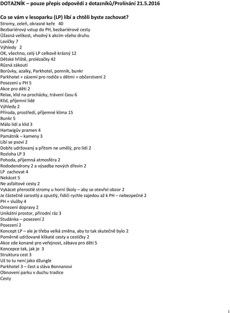 prolézačky 42 Různá zákoutí Borůvky, azalky, Parkhotel, pomník, bunkr Parkhotel + zázemí pro rodiče s dětmi + občerstvení 2 Posezení u PH 5 Akce pro děti 2 Relax, klid na procházky, trávení času 6