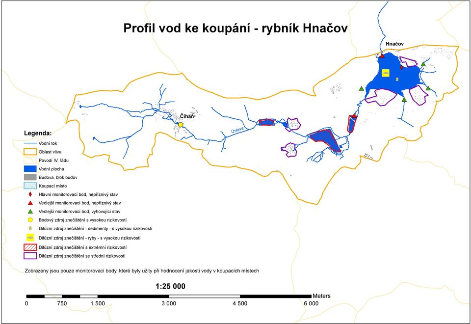 monitorovací bod, vyhovující stav!( Bodový zdroj s vysokou rizikovostí á Difúzní zdroj - sedimenty - s vysokou rizikovostí!