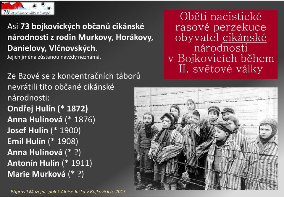 Ze Bzové se zkoncentračních táborů nevrátili tito občané cikánské národnosti: Ondřej Hulín (* 1872) Anna