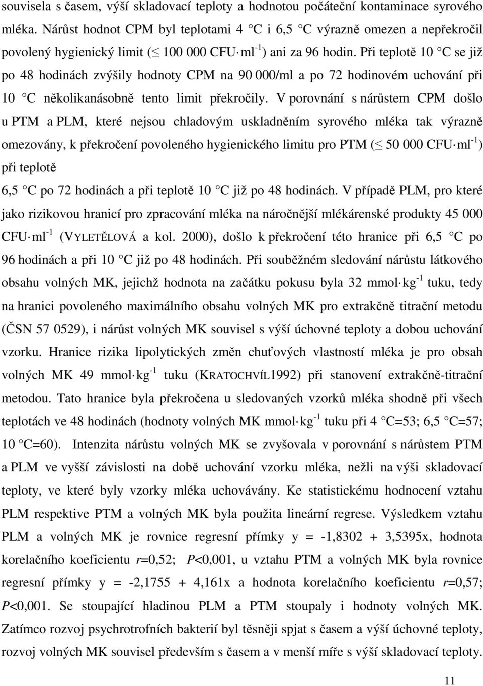 Při teplotě 10 C se již po 48 hodinách zvýšily hodnoty CPM na 90 000/ml a po 72 hodinovém uchování při 10 C několikanásobně tento limit překročily.