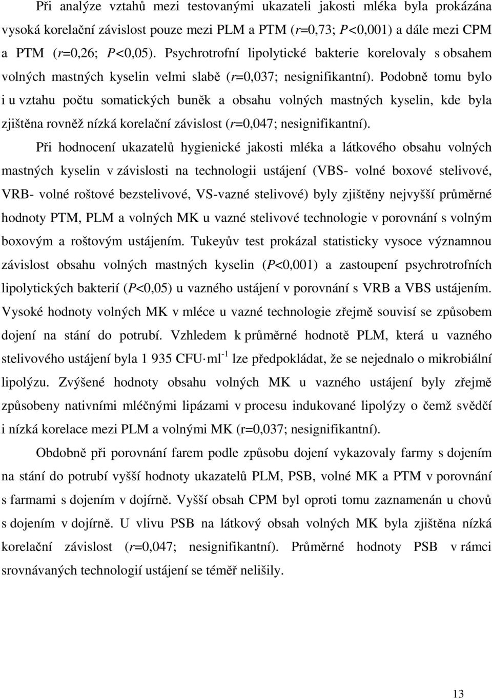 Podobně tomu bylo i u vztahu počtu somatických buněk a obsahu volných mastných kyselin, kde byla zjištěna rovněž nízká korelační závislost (r=0,047; nesignifikantní).