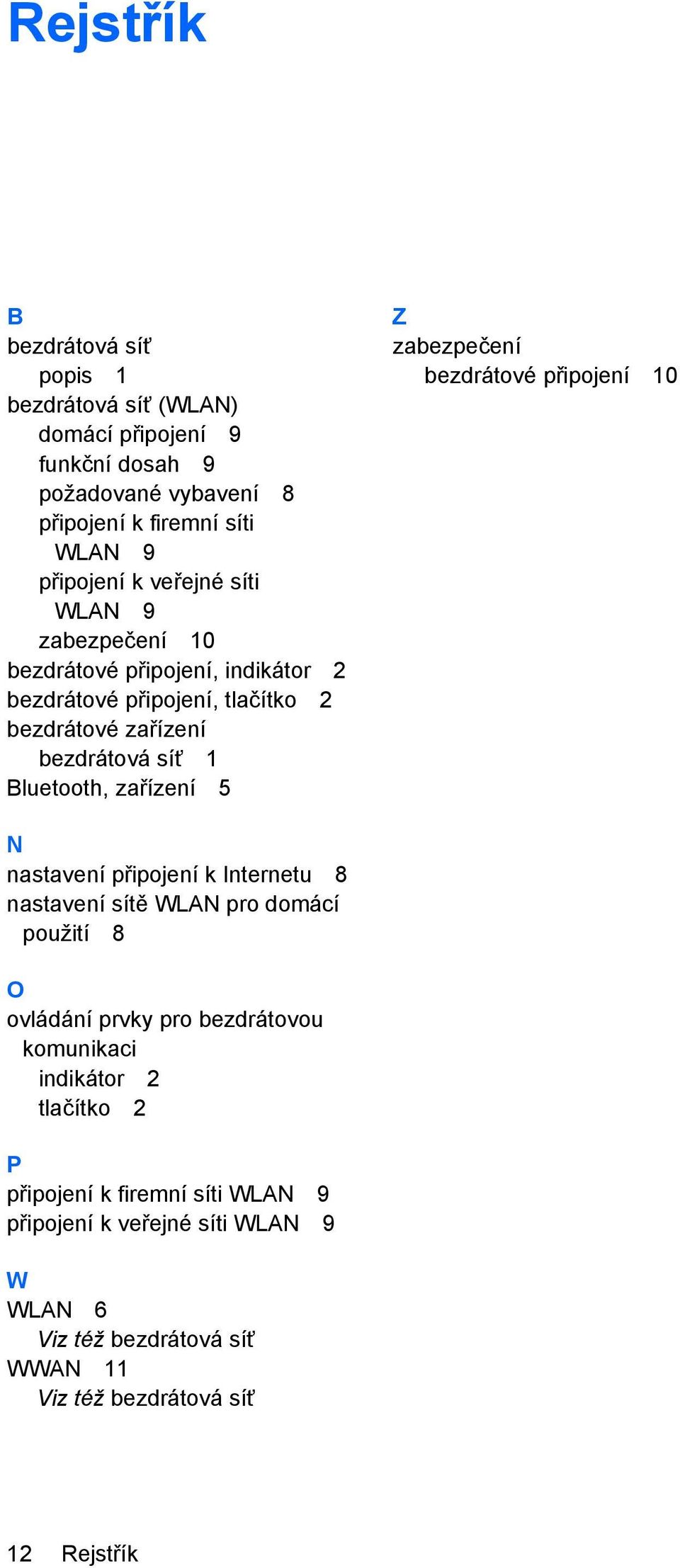 Z zabezpečení bezdrátové připojení 10 N nastavení připojení k Internetu 8 nastavení sítě WLAN pro domácí použití 8 O ovládání prvky pro bezdrátovou komunikaci