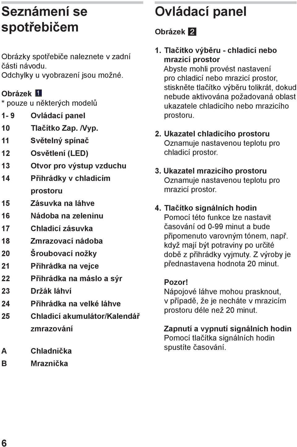 nožky 21 Přihrádka na vejce 22 Přihrádka na máslo a sýr 23 Držák láhví 24 Přihrádka na velké láhve 25 Chladicí akumulátor/kalendář zmrazování A B Chladnička Mraznička Ovládací panel Obrázek 1.