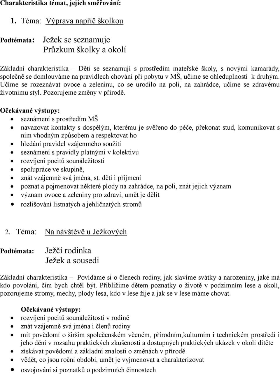 pravidlech chování při pobytu v MŠ, učíme se ohleduplnosti k druhým. Učíme se rozeznávat ovoce a zeleninu, co se urodilo na poli, na zahrádce, učíme se zdravému životnímu styl.