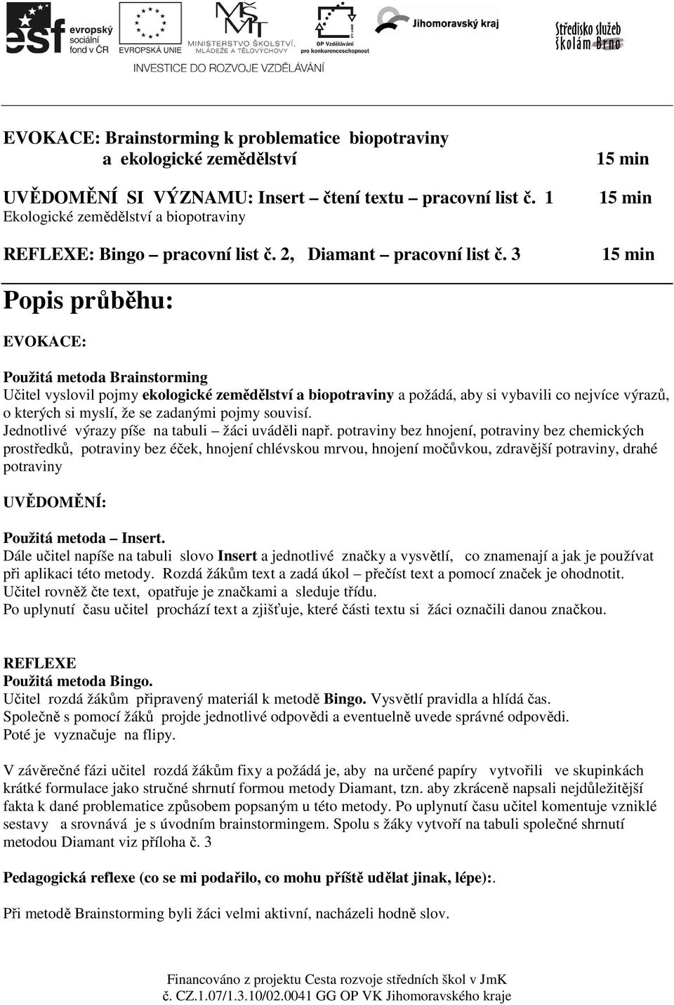 3 15 min 15 min 15 min Popis průběhu: EVOKACE: Použitá metoda Brainstorming Učitel vyslovil pojmy ekologické zemědělství a biopotraviny a požádá, aby si vybavili co nejvíce výrazů, o kterých si