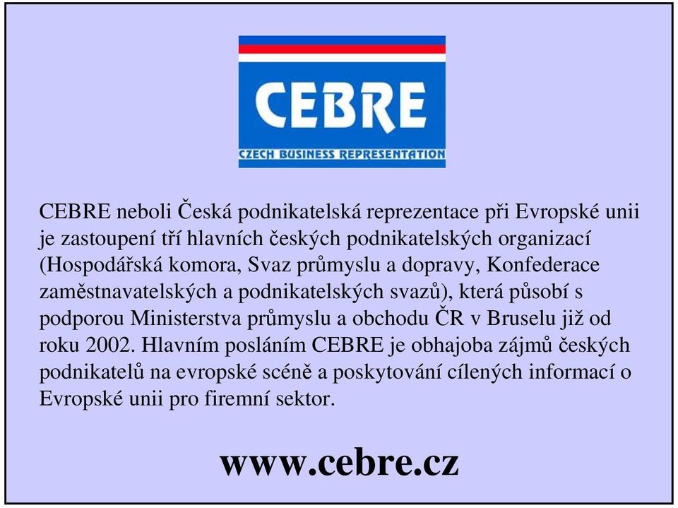 která působí s podporou Ministerstva průmyslu a obchodu ČR v Bruselu již od roku 2002.