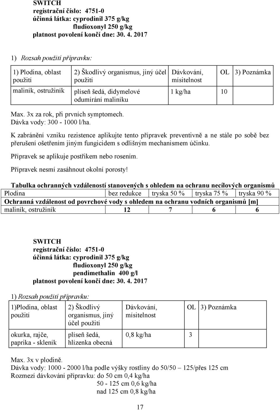 K zabránění vzniku rezistence aplikujte tento přípravek preventivně a ne stále po sobě bez přerušení ošetřením jiným fungicidem s odlišným mechanismem účinku.