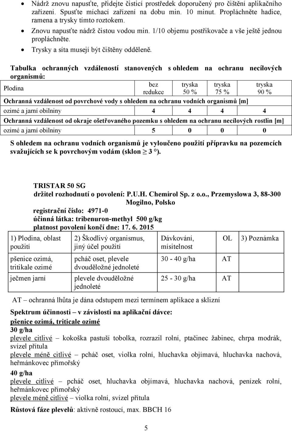 Tabulka ochranných vzdáleností stanovených s ohledem na ochranu necílových organismů: bez tryska tryska tryska redukce 50 % 75 % 90 % Ochranná vzdálenost od povrchové vody s ohledem na ochranu