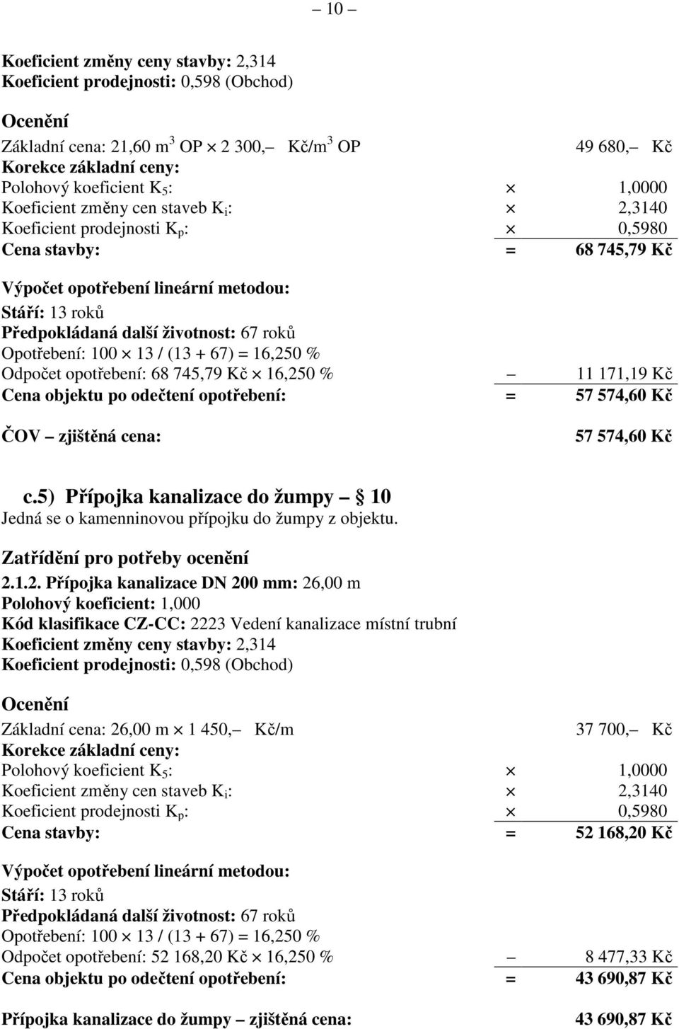 Opotřebení: 100 13 / (13 + 67) = 16,250 % Odpočet opotřebení: 68 745,79 Kč 16,250 % 11 171,19 Kč Cena objektu po odečtení opotřebení: = 57 574,60 Kč ČOV zjištěná cena: 57 574,60 Kč c.