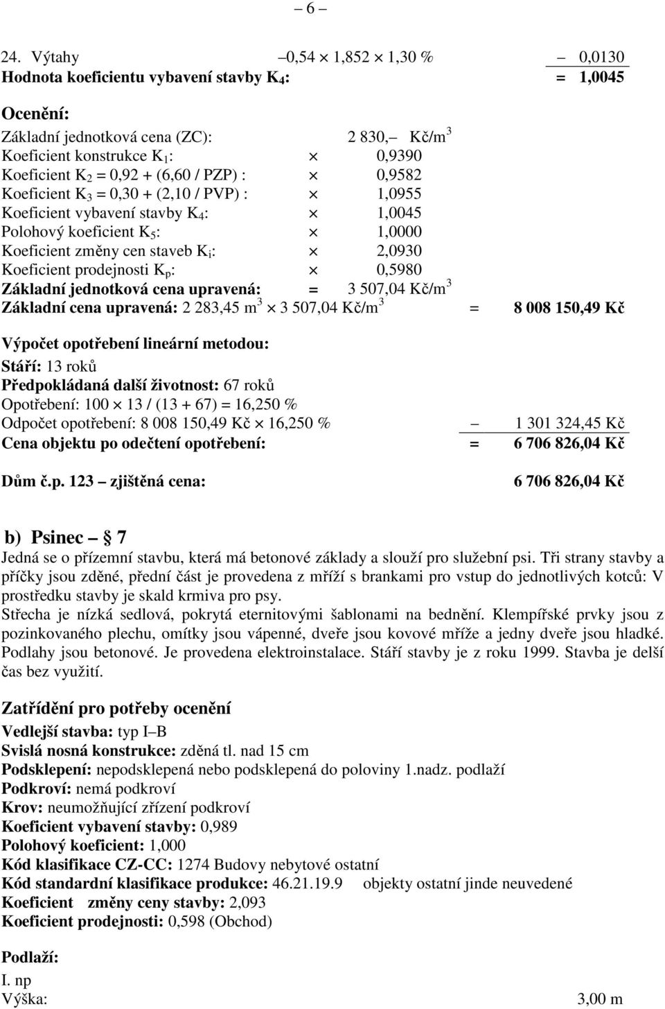 prodejnosti K p : 0,5980 Základní jednotková cena upravená: = 3 507,04 Kč/m 3 Základní cena upravená: 2 283,45 m 3 3 507,04 Kč/m 3 = 8 008 150,49 Kč Výpočet opotřebení lineární metodou: Stáří: 13