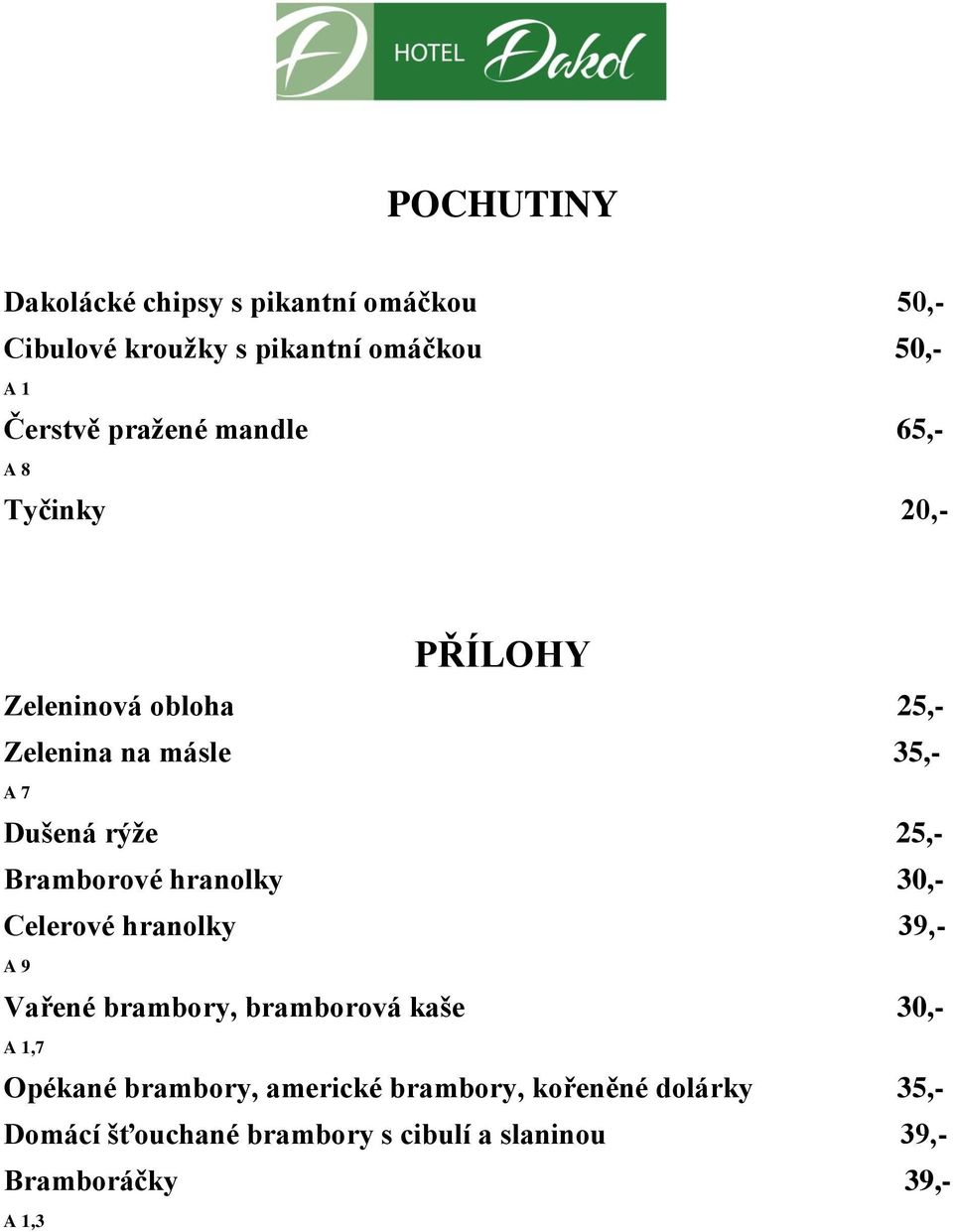 Bramborové hranolky 30,- Celerové hranolky 39,- A 9 Vařené brambory, bramborová kaše 30,- Opékané brambory,