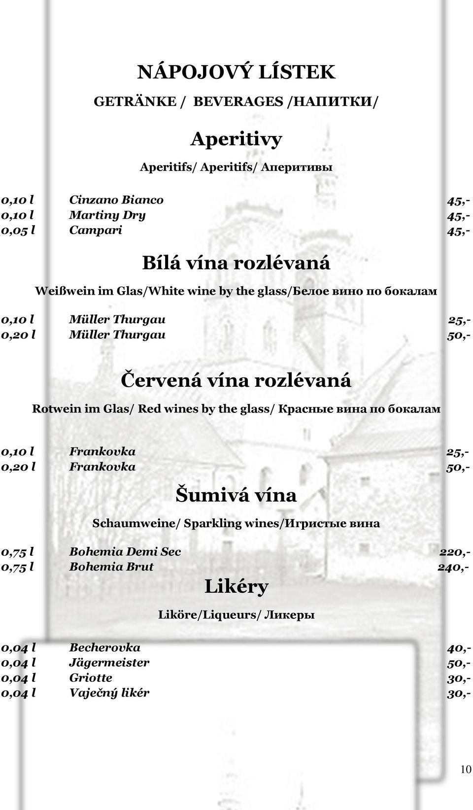 Glas/ Red wines by the glass/ Красные вина по бокалам 0,10 l Frankovka 25,- 0,20 l Frankovka 50,- Šumivá vína Schaumweine/ Sparkling wines/игристые вина 0,75 l