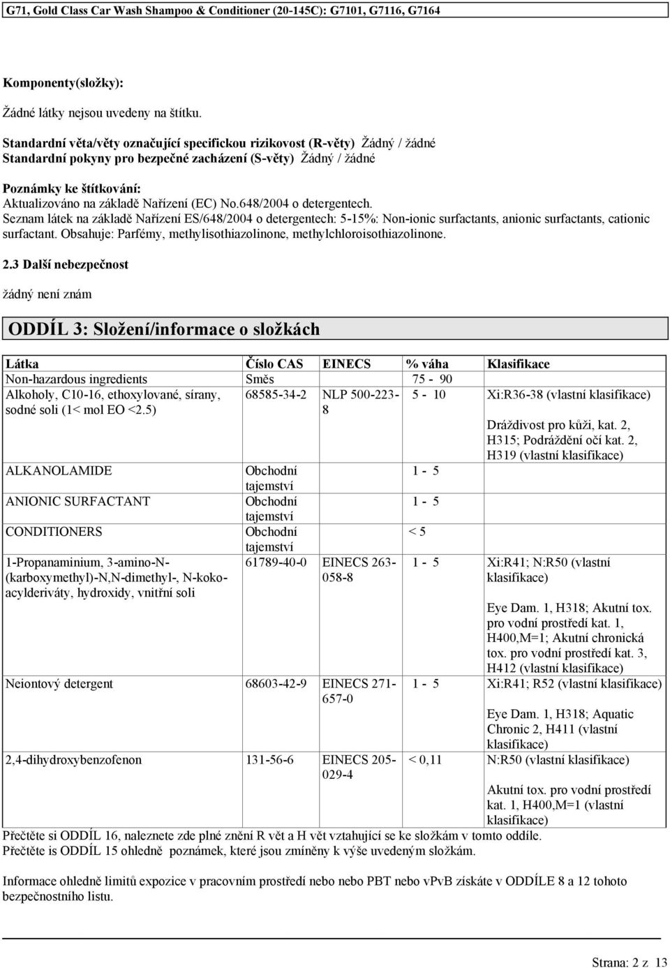 (EC) No.648/2004 o detergentech. Seznam látek na základě Nařízení ES/648/2004 o detergentech: 5-15%: Non-ionic surfactants, anionic surfactants, cationic surfactant.