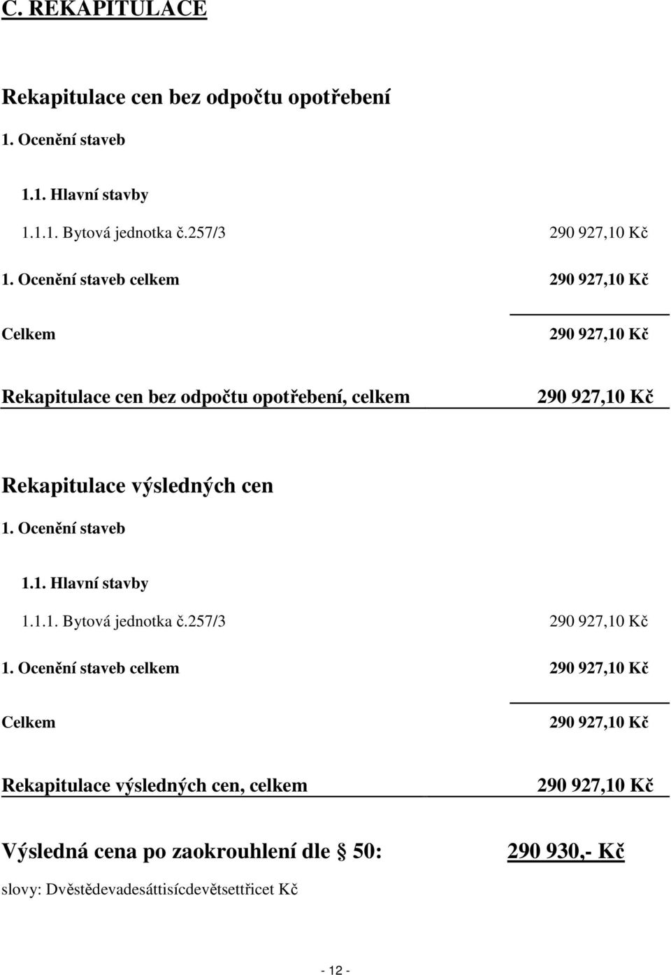 cen 1. Ocenění staveb 1.1. Hlavní stavby 1.1.1. Bytová jednotka č.257/3 290 927,10 Kč 1.