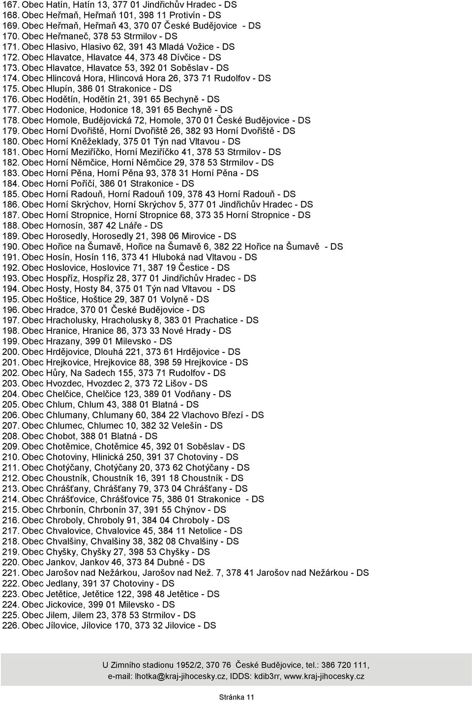 Obec Hlavatce, Hlavatce 53, 392 01 Soběslav - DS 174. Obec Hlincová Hora, Hlincová Hora 26, 373 71 Rudolfov - DS 175. Obec Hlupín, 386 01 Strakonice - DS 176.