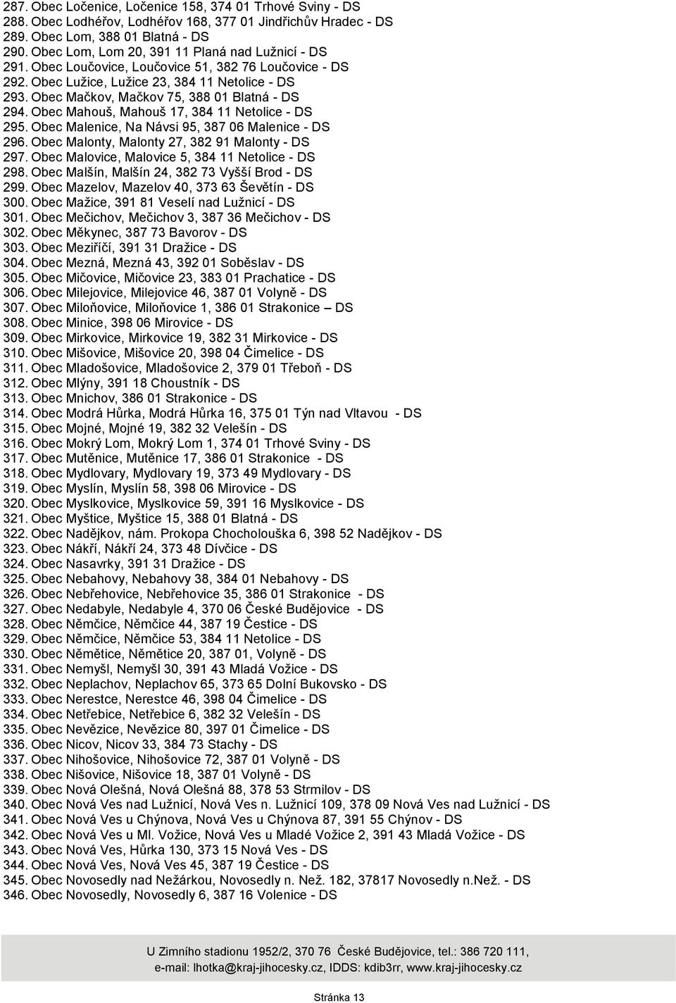 Obec Mačkov, Mačkov 75, 388 01 Blatná - DS 294. Obec Mahouš, Mahouš 17, 384 11 Netolice - DS 295. Obec Malenice, Na Návsi 95, 387 06 Malenice - DS 296.