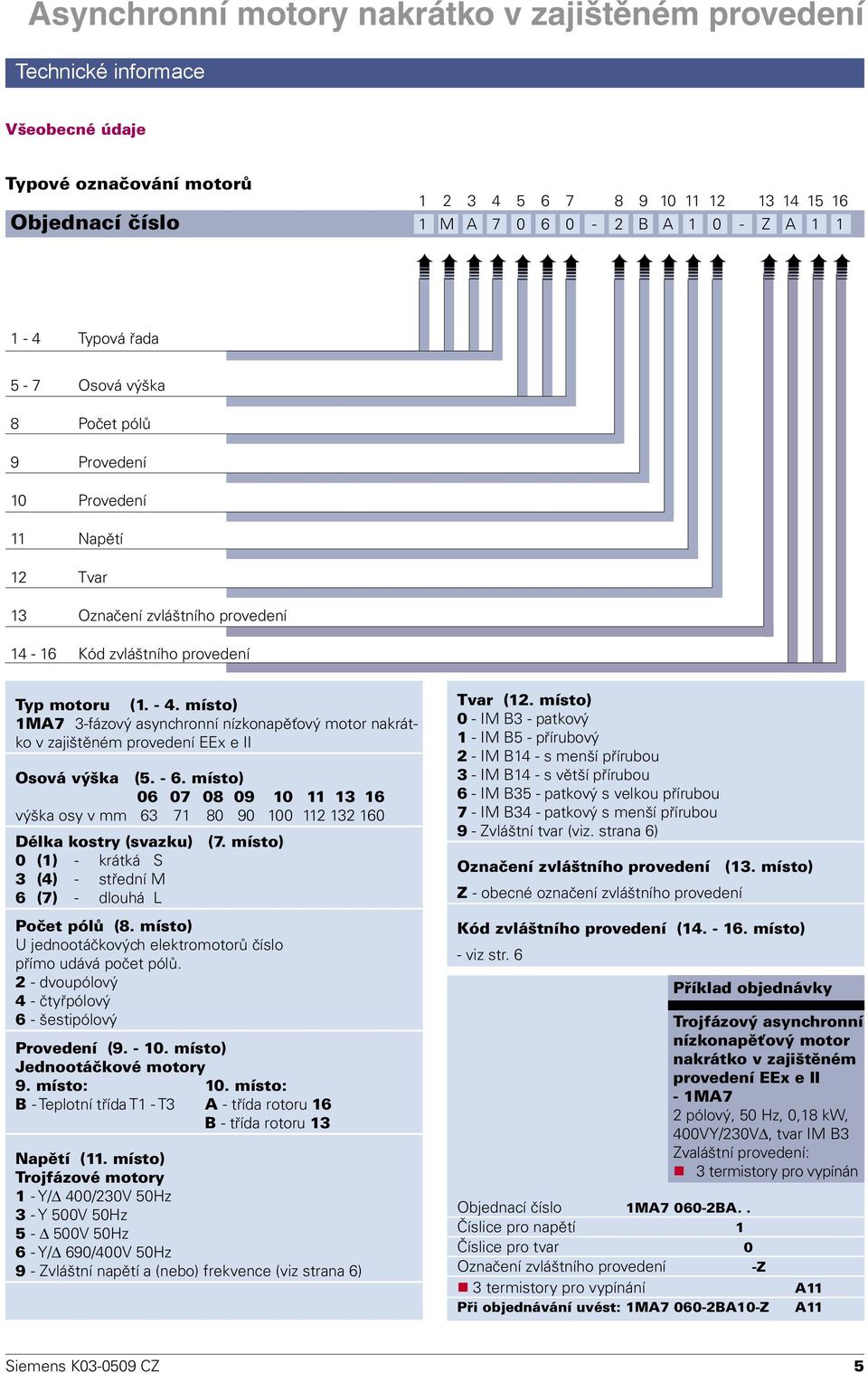 místo) 1MA7 3-fázový asynchronní nízkonapěťový motor nakrátko v zajištěném provedení EEx e II Osová výška (5. - 6.