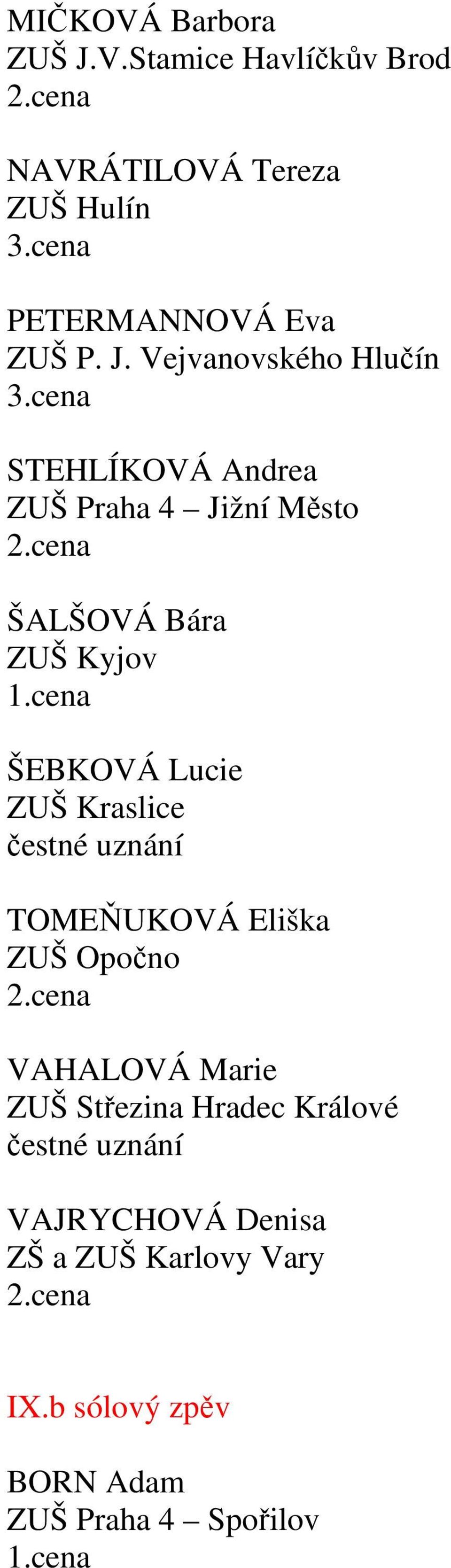 ŠEBKOVÁ Lucie ZUŠ Kraslice TOMEŇUKOVÁ Eliška ZUŠ Opočno VAHALOVÁ Marie ZUŠ Střezina Hradec