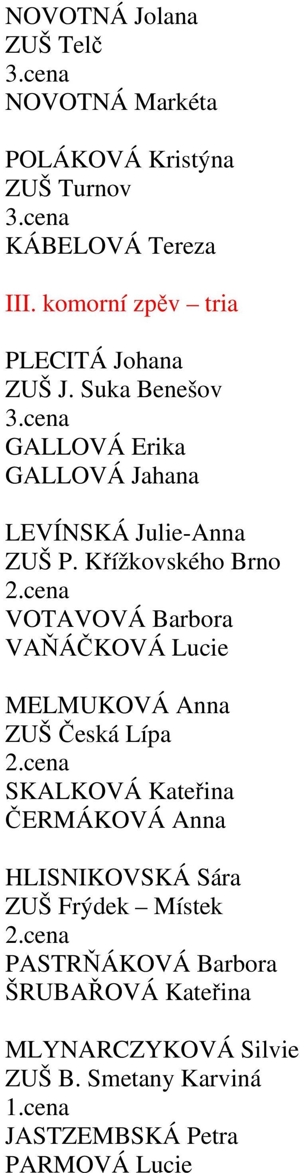 Křížkovského Brno VOTAVOVÁ Barbora VAŇÁČKOVÁ Lucie MELMUKOVÁ Anna ZUŠ Česká Lípa SKALKOVÁ Kateřina ČERMÁKOVÁ Anna