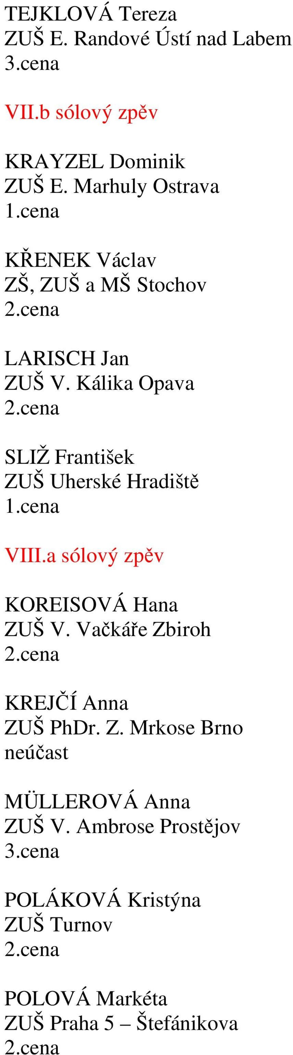 Kálika Opava SLIŽ František ZUŠ Uherské Hradiště VIII.a sólový zpěv KOREISOVÁ Hana ZUŠ V.