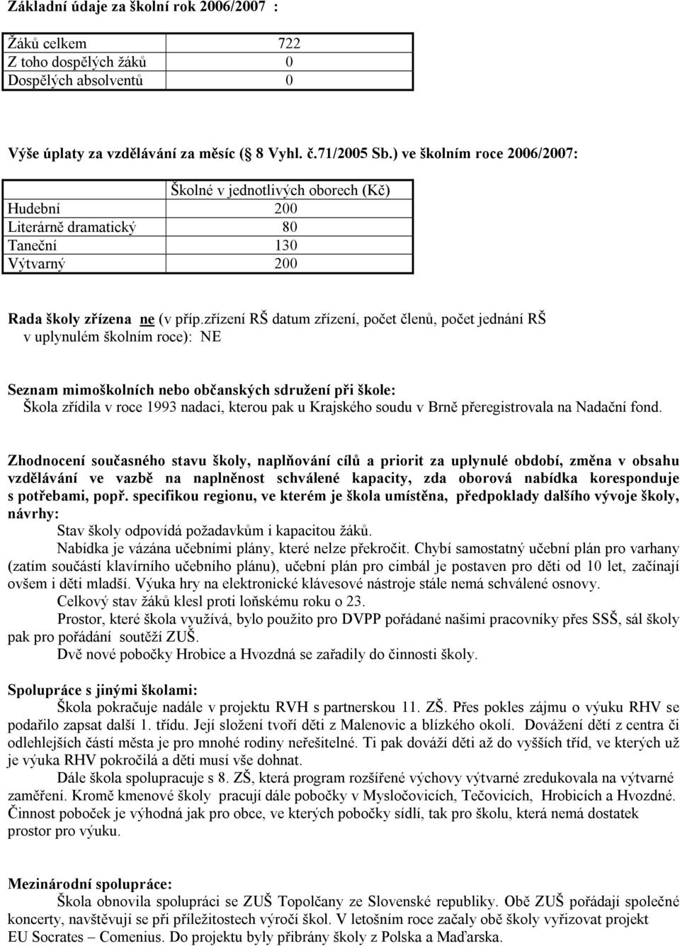 zřízení RŠ datum zřízení, počet členů, počet jednání RŠ v uplynulém školním roce): NE Seznam mimoškolních nebo občanských sdružení při škole: Škola zřídila v roce 1993 nadaci, kterou pak u Krajského