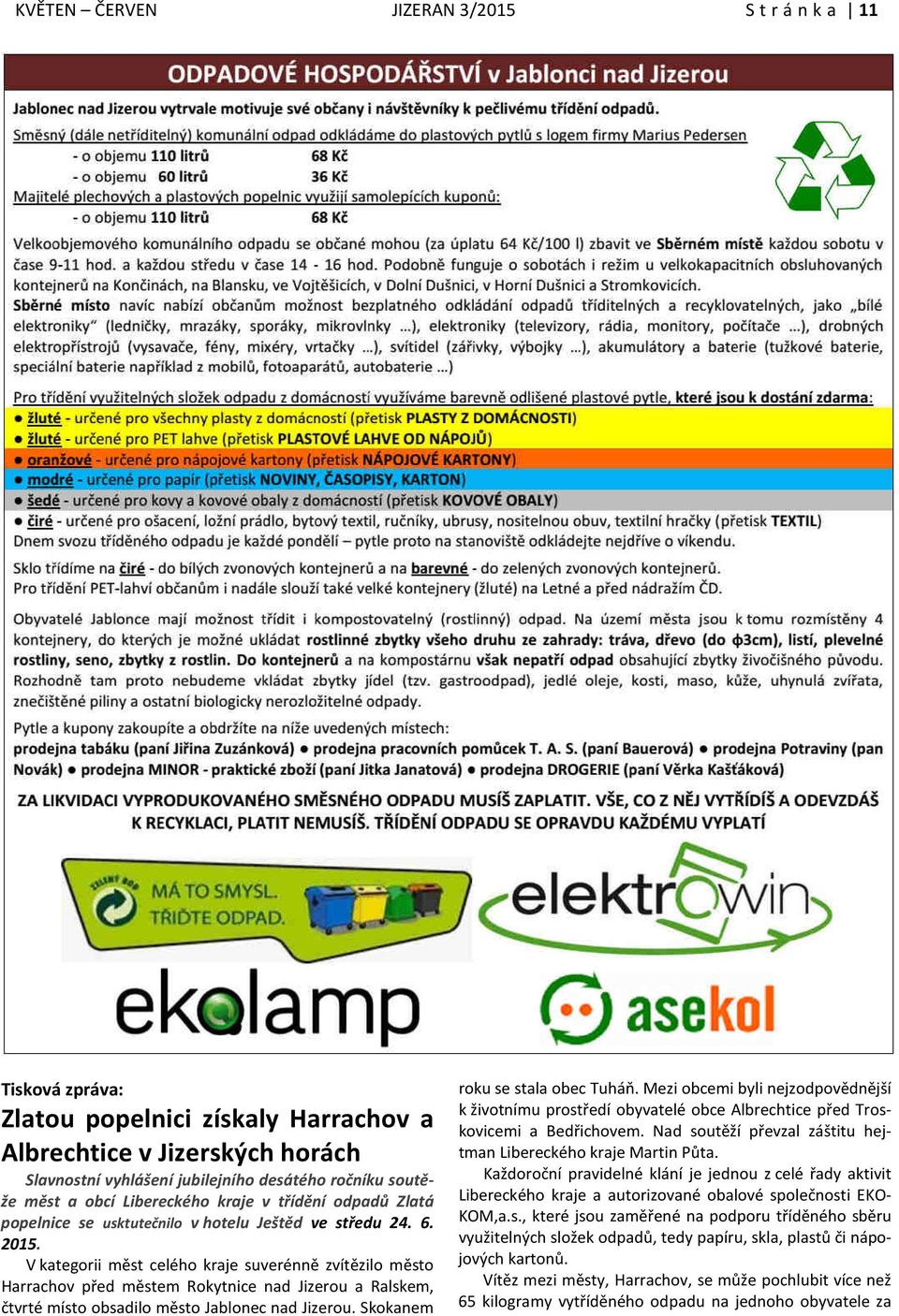 V kategorii měst celého kraje suverénně zvítězilo město Harrachov před městem Rokytnice nad Jizerou a Ralskem, čtvrté místo obsadilo město Jablonec nad Jizerou. Skokanem roku se stala obec Tuháň.