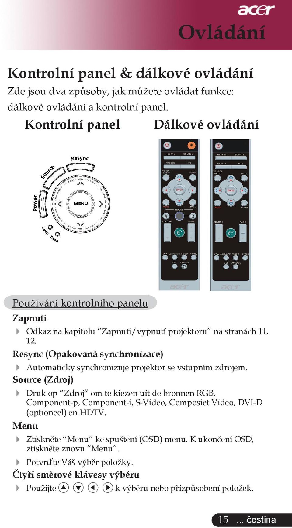 Resync (Opakovaná synchronizace) Automaticky synchronizuje projektor se vstupním zdrojem.
