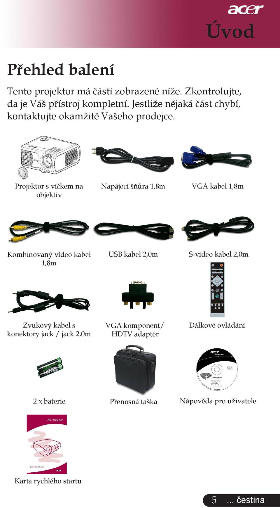 Projektor s víčkem na objektiv Napájecí šňůra 1,8m VGA kabel 1,8m Kombinovaný video kabel 1,8m USB kabel 2,0m S-video