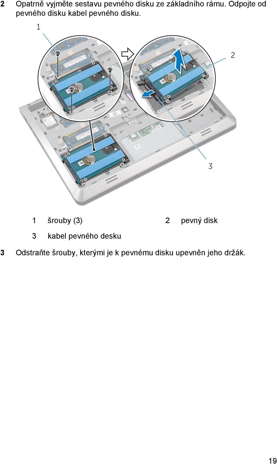 1 šrouby (3) 2 pevný disk 3 kabel pevného desku 3