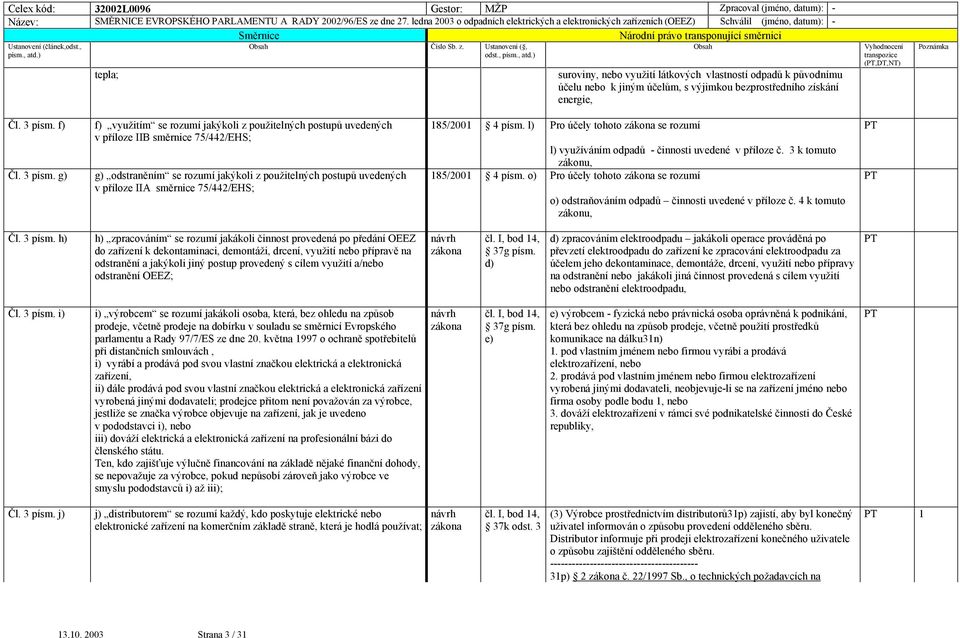 g) f) využitím se rozumí jakýkoli z použitelných postupů uvedených v příloze IIB směrnice 75/442/EHS; g) odstraněním se rozumí jakýkoli z použitelných postupů uvedených v příloze IIA směrnice