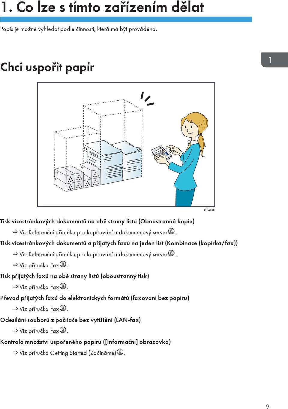 Tisk vícestránkových dokumentů a přijatých faxů na jeden list (Kombinace (kopírka/fax)) Viz Referenční příručka pro kopírování a dokumentový server. Viz příručka Fax.