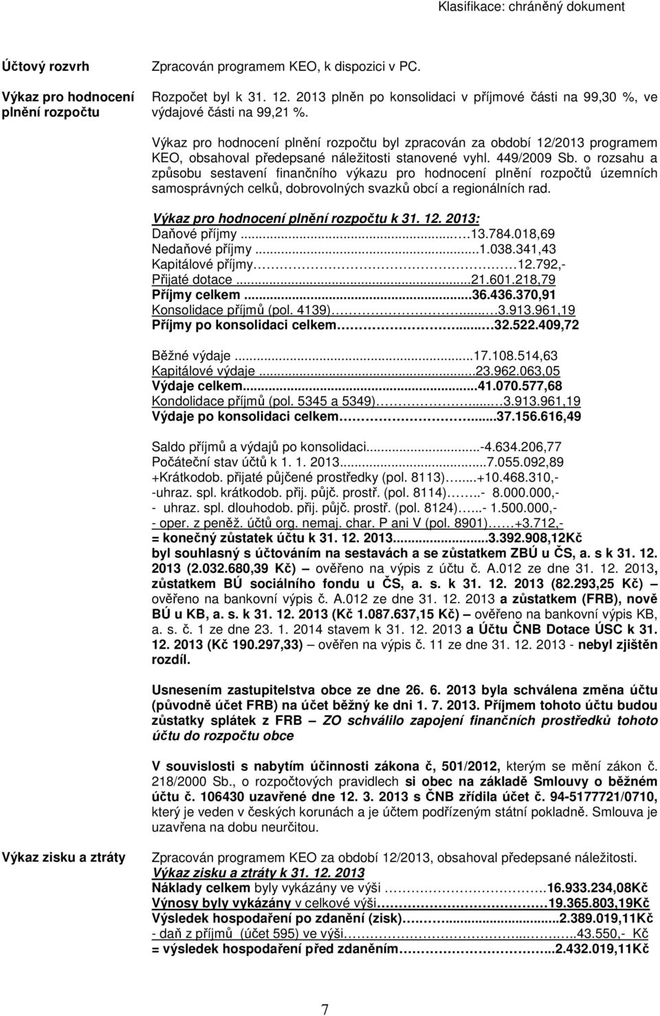 o rozsahu a způsobu sestavení finančního výkazu pro hodnocení plnění rozpočtů územních samosprávných celků, dobrovolných svazků obcí a regionálních rad. Výkaz pro hodnocení plnění rozpočtu k 31. 12.