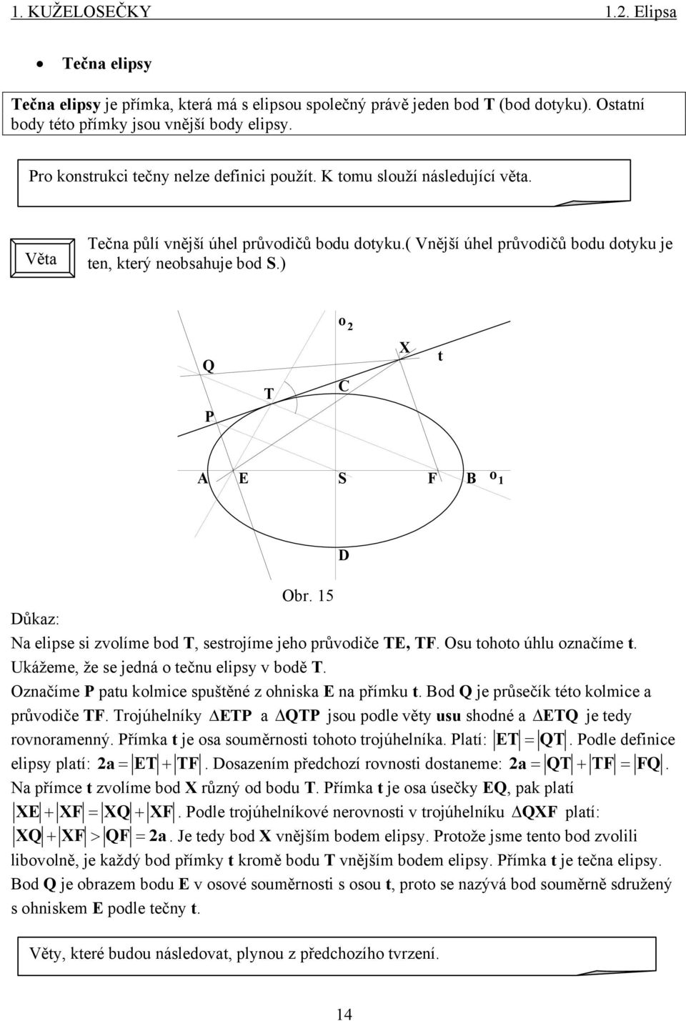 ) o Q P T C X t E o 1 D Obr. 15 Důkaz: Na elipse si zvolíme bod T sestrojíme jeho průvodiče TE T. Osu tohoto úhlu označíme t. Ukážeme že se jedná o tečnu elipsy v bodě T.