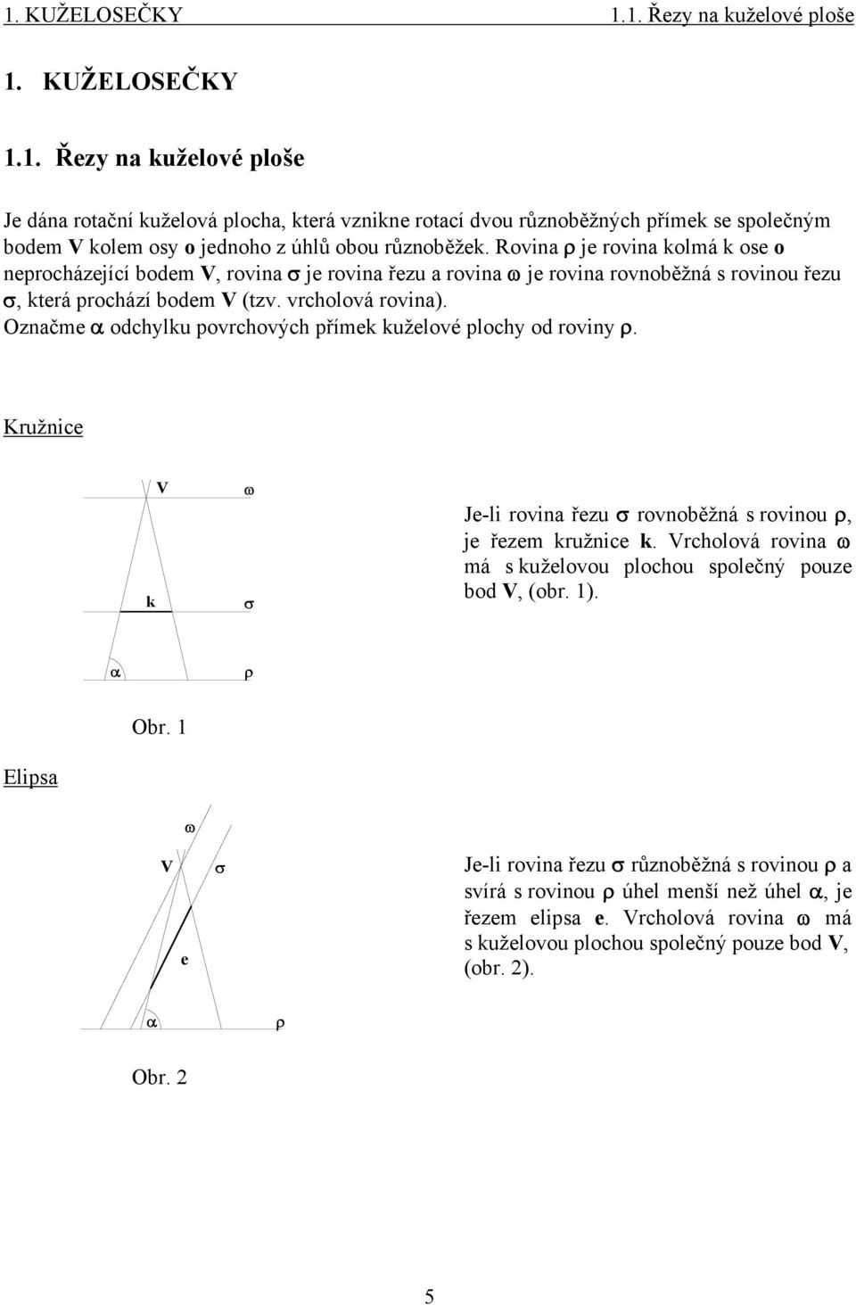 Označme α odchylku povrchových přímek kuželové plochy od roviny ρ. Kružnice k V ω σ Je-li rovina řezu σ rovnoběžná s rovinou ρ je řezem kružnice k.