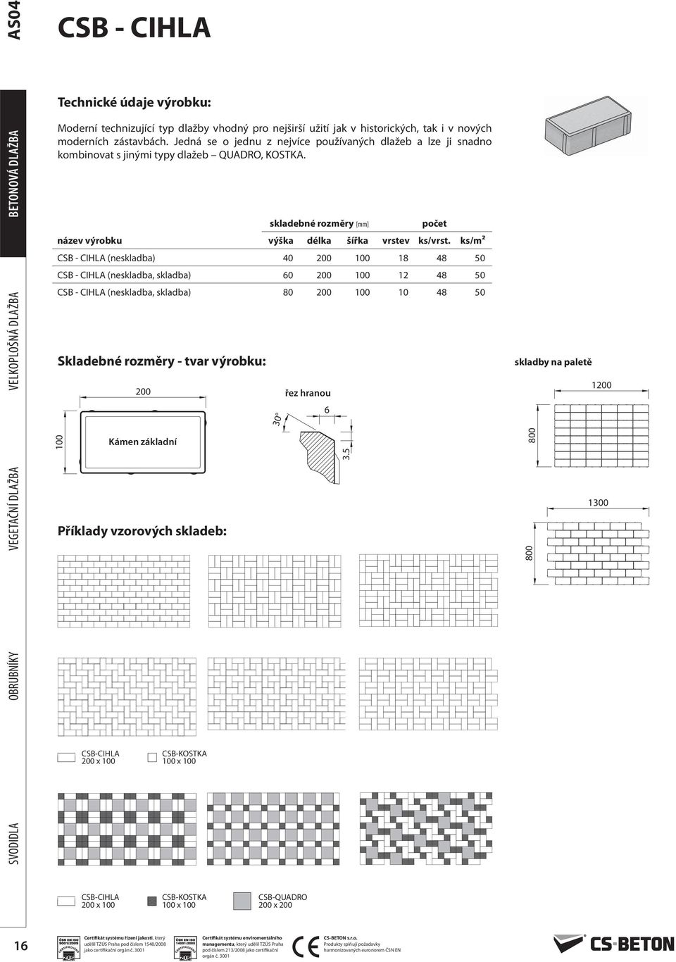 ks/m2 CSB - CIHLA (neskladba) 40 200 100 18 48 50 CSB - CIHLA (neskladba, skladba) 60 200 100 12 48 50 CSB - CIHLA (neskladba, skladba) 80 200 100 10 48 50 Skladebné rozměry - tvar výrobku: 200