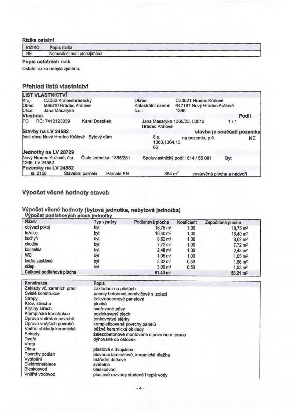 o.: 1365!vlastníci Podíl FO RČ: 7410123039 Karel Dostálek Jana Masaryka 1365/23, 50012 1 /1 Hradec Králové Stavby na LV 24582 stavba je součástí pozemku Píst obce Nový Hradec Králové Bytový dům č.p. na pozemku p.