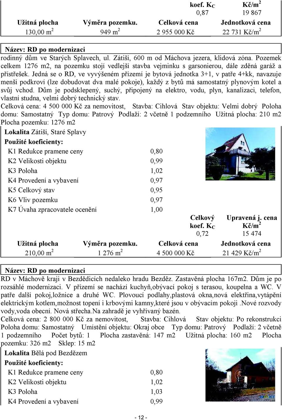 Jedná se o RD, ve vyvýšeném přízemí je bytová jednotka 3+1, v patře 4+kk, navazuje menší podkroví (lze dobudovat dva malé pokoje), každý z bytů má samostatný plynovým kotel a svůj vchod.