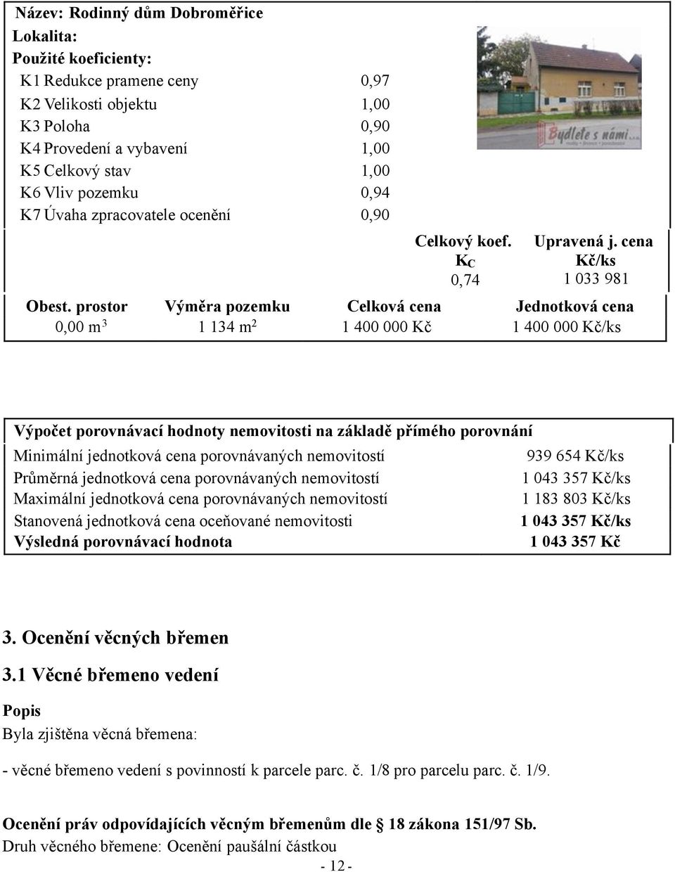 prostor Výměra pozemku Celková cena Jednotková cena 0,00 m 3 1 134 m 2 1 400 000 Kč 1 400 000 Kč/ks Výpočet porovnávací hodnoty nemovitosti na základě přímého porovnání Minimální jednotková cena