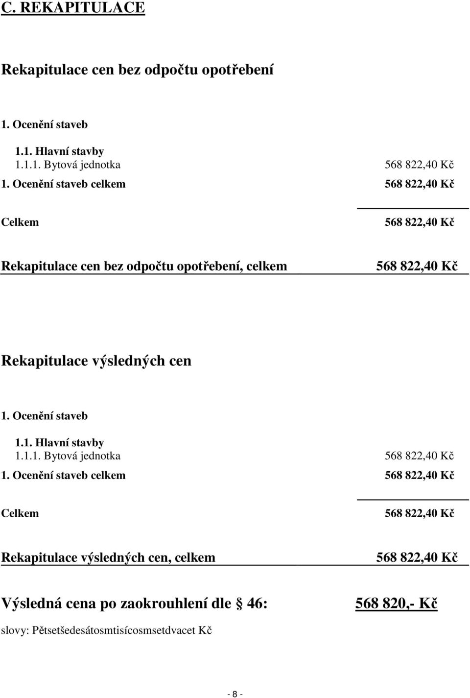 výsledných cen 1. Ocenění staveb 1.1. Hlavní stavby 1.1.1. Bytová jednotka 568 822,40 Kč 1.