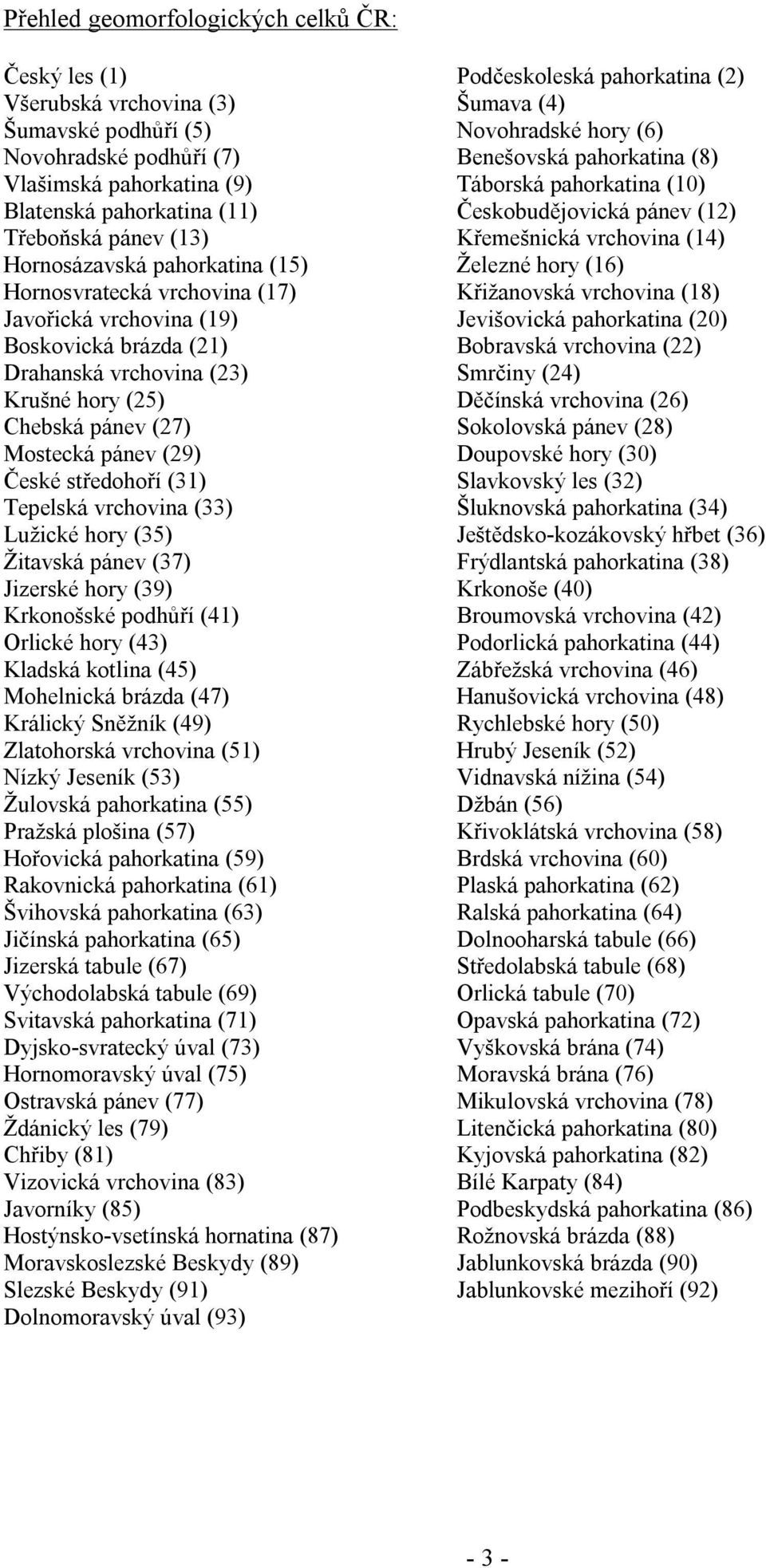 (15) Železné hory (16) Hornosvratecká vrchovina (17) Křižanovská vrchovina (18) Javořická vrchovina (19) Jevišovická pahorkatina (20) Boskovická brázda (21) Bobravská vrchovina (22) Drahanská