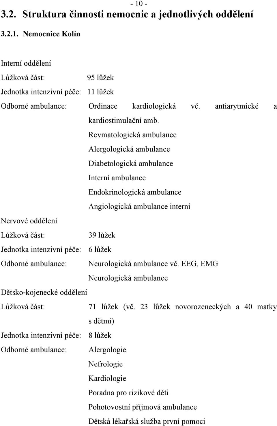 Revmatologická ambulance Alergologická ambulance Diabetologická ambulance Interní ambulance Endokrinologická ambulance Angiologická ambulance interní Nervové oddělení Lůžková část: 39 lůžek Jednotka