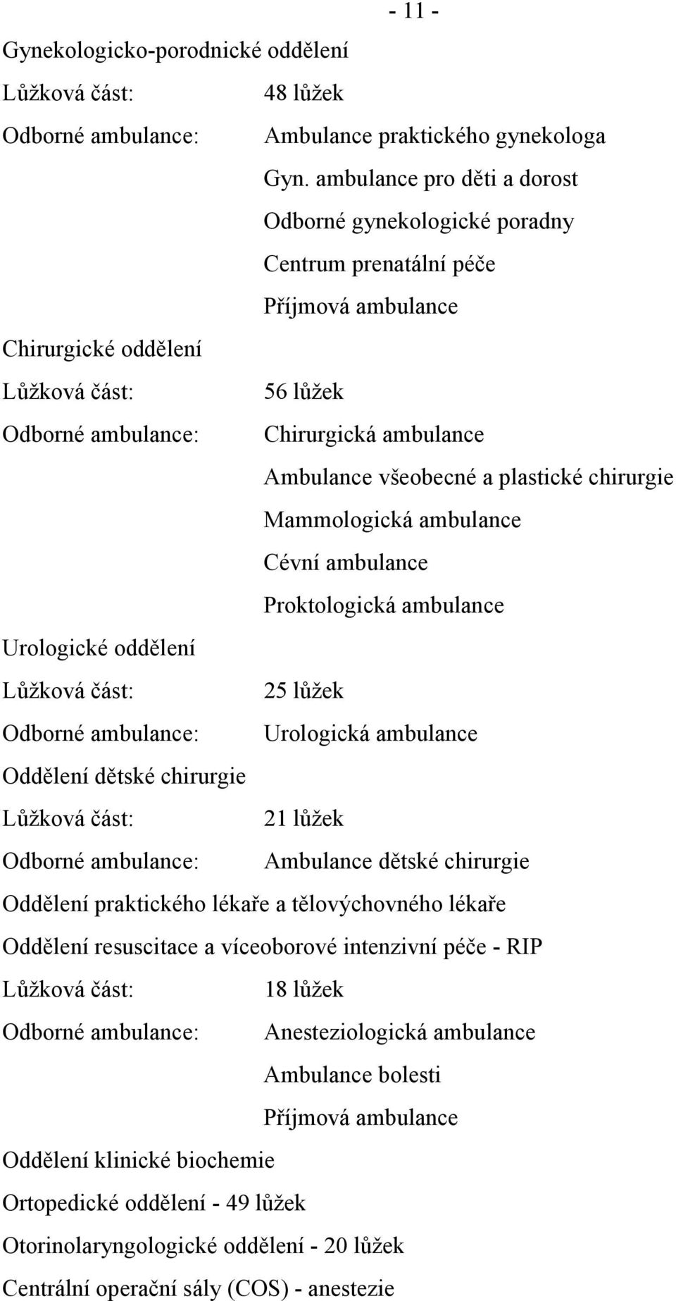 všeobecné a plastické chirurgie Mammologická ambulance Cévní ambulance Proktologická ambulance Urologické oddělení Lůžková část: 25 lůžek Odborné ambulance: Urologická ambulance Oddělení dětské