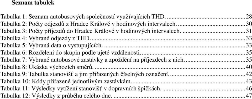 ...33 Tabulka 6: Rozdělení do skupin podle ujeté vzdálenosti...35 Tabulka 7: Vybrané autobusové zastávky a zpoždění na příjezdech z nich...35 Tabulka 8: Ukázka výchozích směrů.