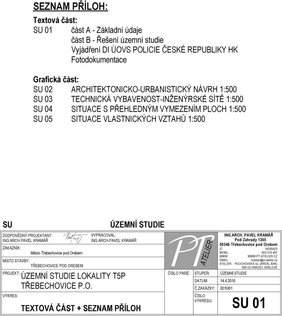 PAVEL KRAMÁŘ ZÁKAZNÍK: MÍSTO STAVBY: TŘEBECHOVICE POD OREBEM PROJEKT: VÝKRES: Město Třebechovice pod Orebem VYPRACOVAL: ING.ARCH.PAVEL KRAMÁŘ ÚZEMNÍ STUDIE LOKALITY T5P TŘEBECHOVICE P.O. TEXTOVÁ ČÁST + SEZNAM PŘÍLOH ČÍSLO PARÉ: ATELIER STUPEŇ: DATUM: Č.
