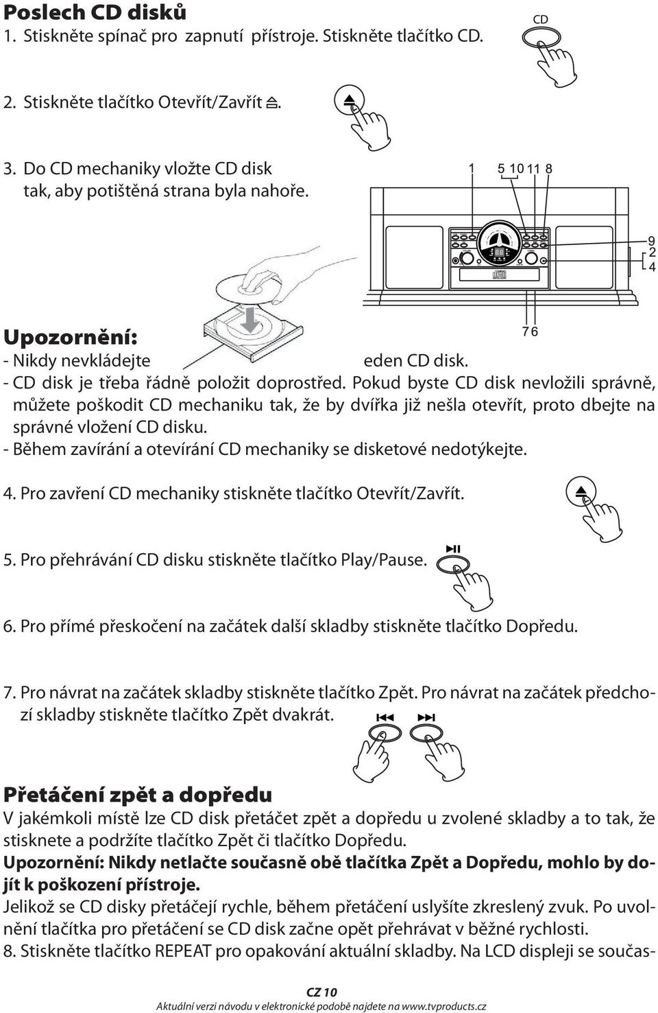 Pokud byste CD disk nevložili správně, můžete poškodit CD mechaniku tak, že by dvířka již nešla otevřít, proto dbejte na správné vložení CD disku.