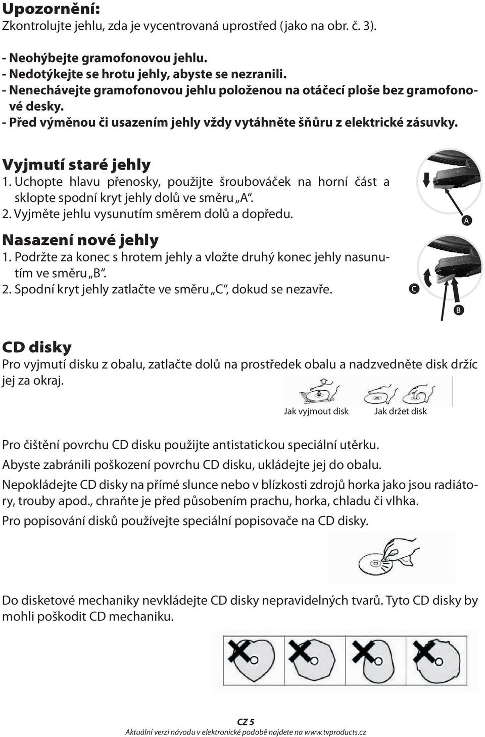 Uchopte hlavu přenosky, použijte šroubováček na horní část a sklopte spodní kryt jehly dolů ve směru A. 2. Vyjměte jehlu vysunutím směrem dolů a dopředu. Nasazení nové jehly 1.