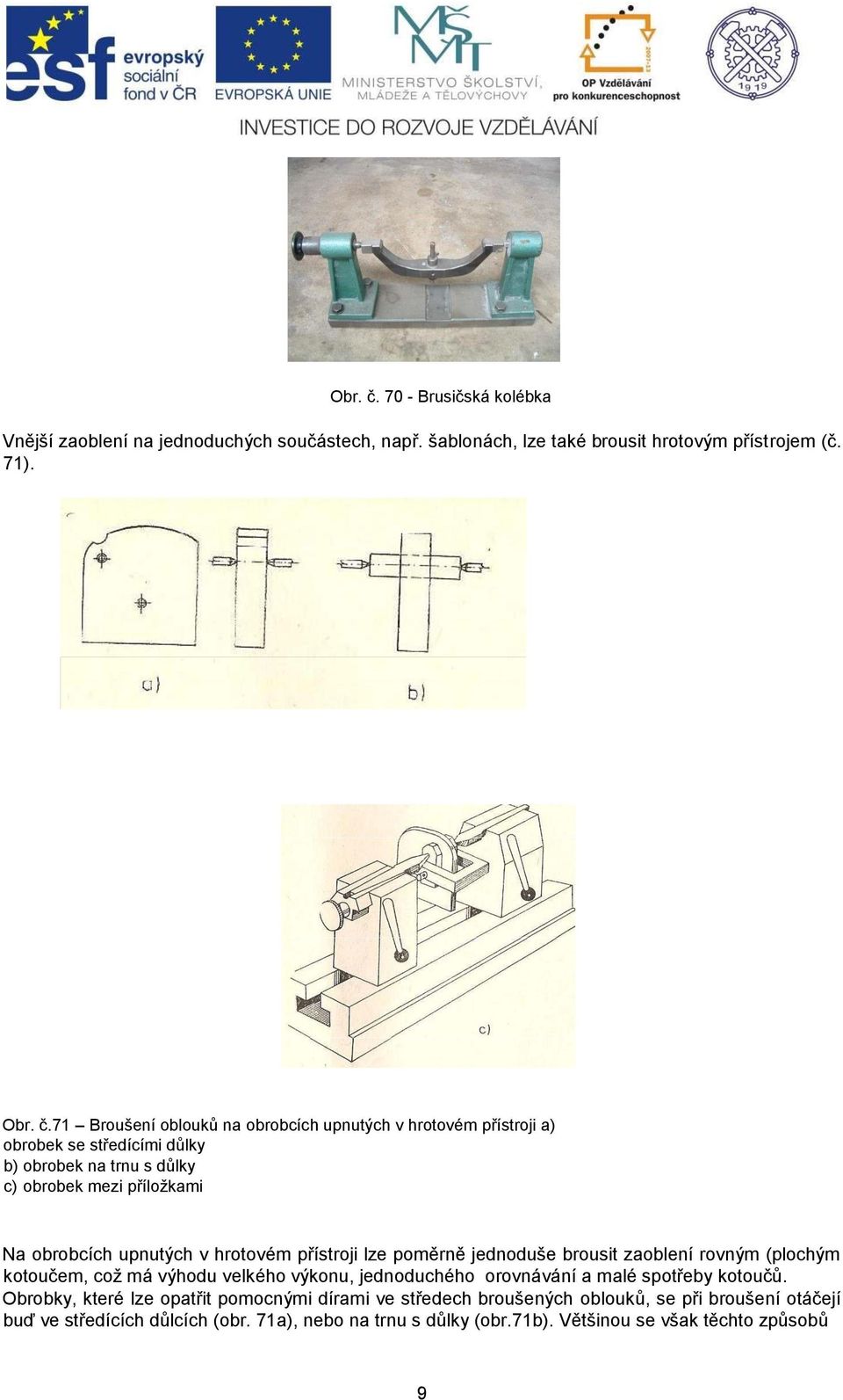 71 Broušení oblouků na obrobcích upnutých v hrotovém přístroji a) obrobek se středícími důlky b) obrobek na trnu s důlky c) obrobek mezi příložkami Na obrobcích upnutých