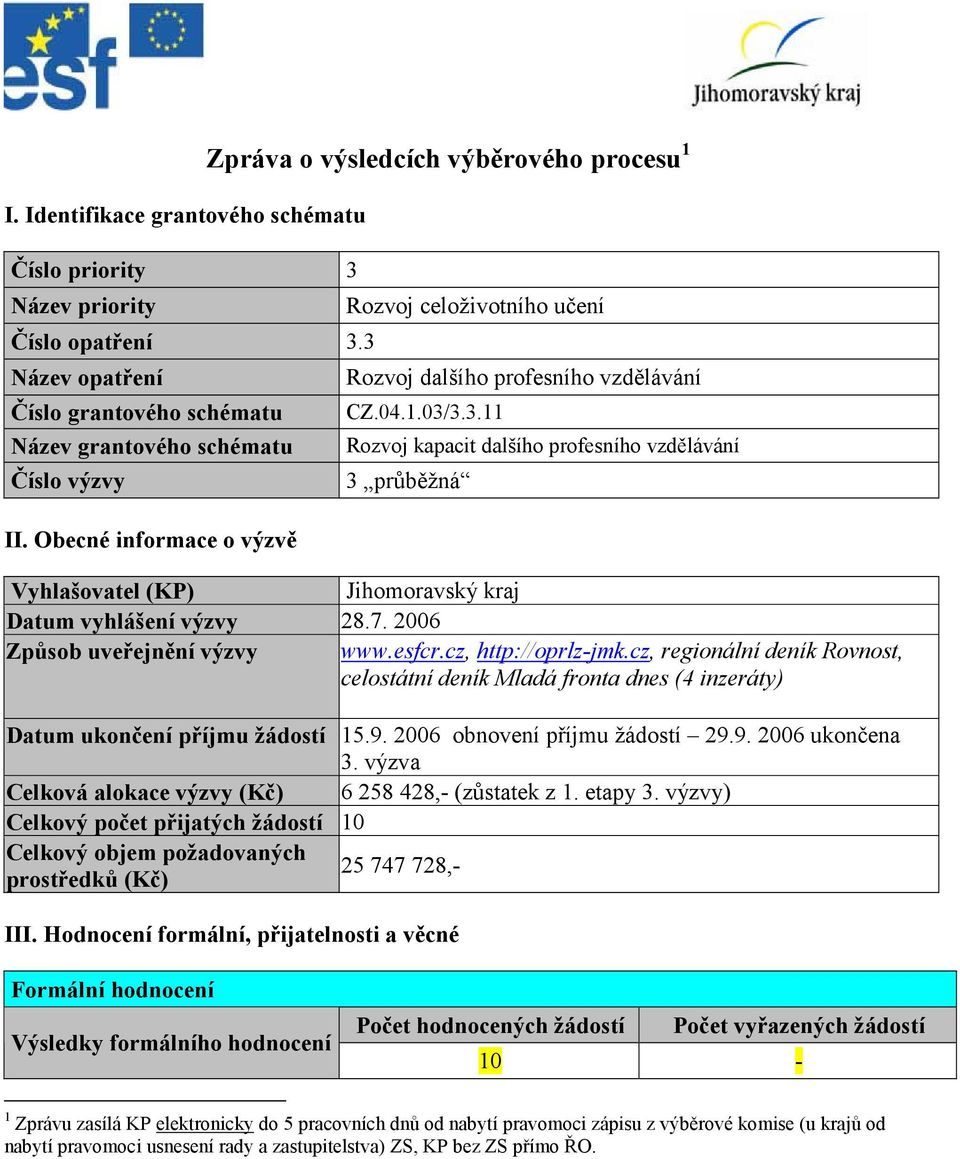 2006 Způsob uveřejnění výzvy www.esfcr.cz, http://oprlz-jmk.cz, regionální deník Rovnost, celostátní deník Mladá fronta dnes (4 inzeráty) Datum ukončení příjmu žádostí 15.9.