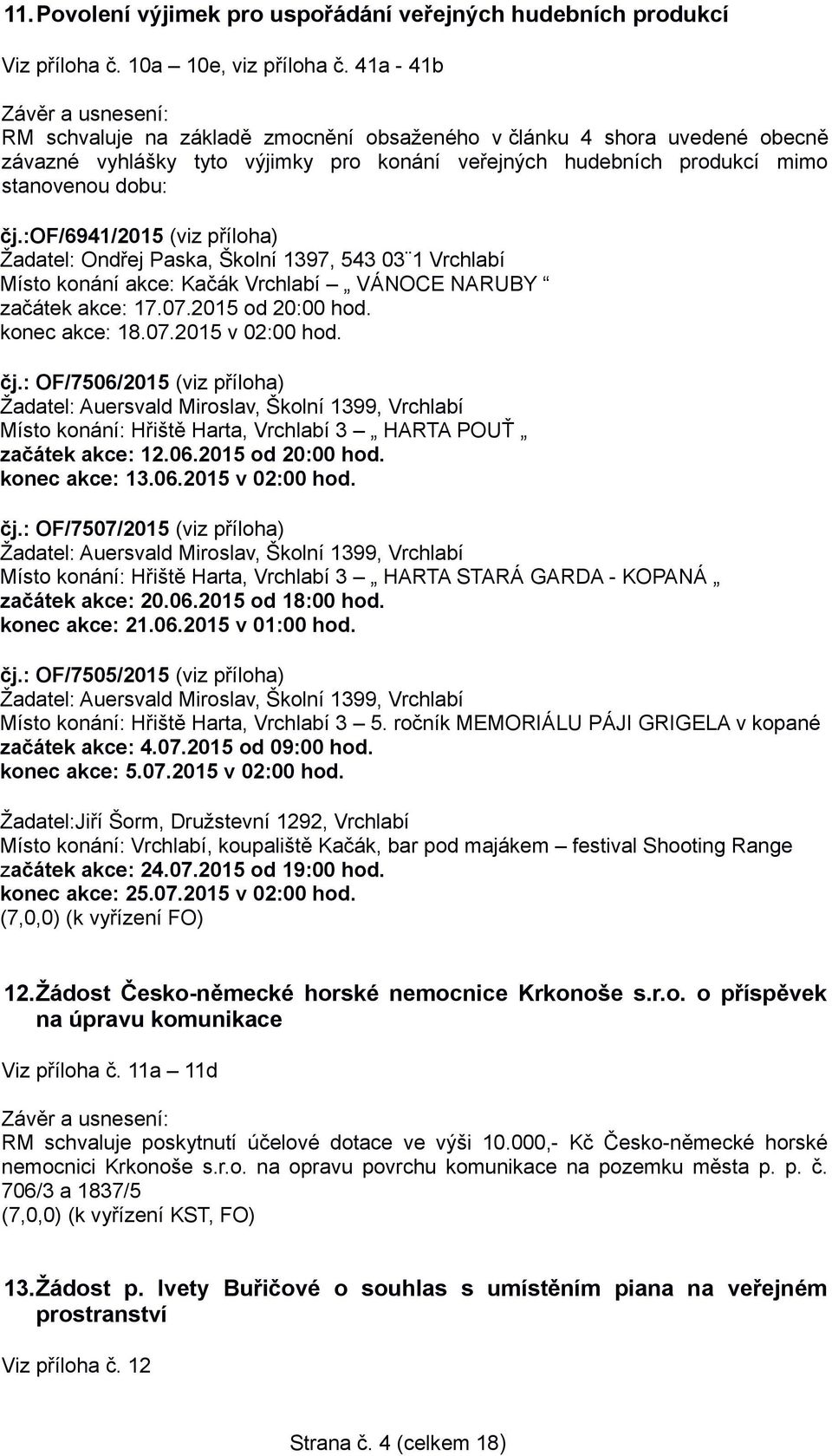 :of/6941/2015 (viz příloha) Žadatel: Ondřej Paska, Školní 1397, 543 03 1 Vrchlabí Místo konání akce: Kačák Vrchlabí VÁNOCE NARUBY začátek akce: 17.07.2015 od 20:00 hod. konec akce: 18.07.2015 v 02:00 hod.