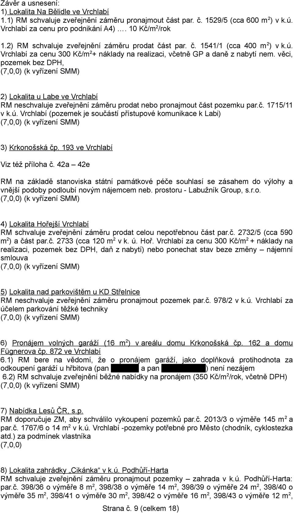 věci, pozemek bez DPH, 2) Lokalita u Labe ve Vrchlabí RM neschvaluje zveřejnění záměru prodat nebo pronajmout část pozemku par.č. 1715/11 v k.ú.